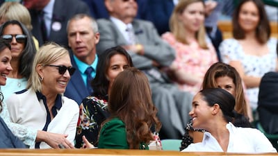 Former tennis player Martina Navratilova, Meghan, Duchess of Sussex, and Britain's Catherine, Duchess of Cambridge, in the Royal Box ahead of the final between Serena Williams of the U.S. and Romania's Simona Halep REUTERS/Hannah McKay