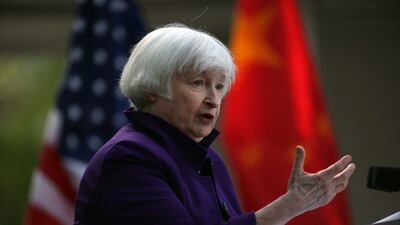 US Treasury Secretary Janet Yellen holds a press conference in Beijing. EPA