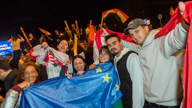 Hungarians celebrate in Budapest after Peter Magyar, leader of the pro-European conservative Tisza party, won a two-thirds majority in national elections. AFP