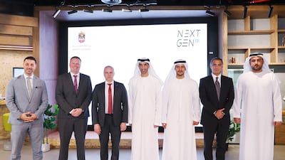 Dr Thani Al Zeyoudi, Minister of State for Foreign Trade, with UAE officials and Odys Aviation executives. Wam