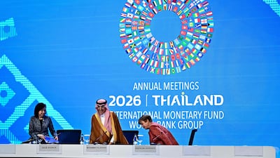 Saudi Finance Minister Mohammed Al Jadaan and IMF managing director Kristalina Georgieva, right, at the IMF and World Bank annual meetings in Bangkok. AFP