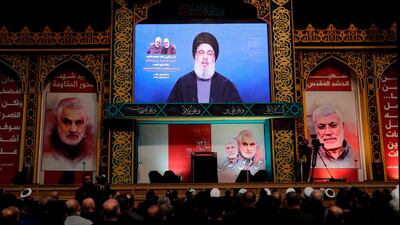 Hezbollah leader Hassan Nasrallah delivers a televised speech at a rally in Beirut on January 5, 2020 to mark the death of Iranian general Qassem Suleimani. AFP