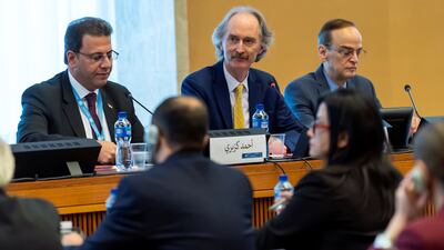 Ahmad Kuzbari, co-chair for the Syrian government, UN Special Envoy for Syria Geir Pedersen and Hadi Al Bahra, co-chair for the Syrian opposition, at a 2019 meeting of the Syrian Constitutional Committee. Reuters