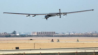 Solar Impulse 2 lands in Cairo. The 16th leg of the round-the-world-trip from Seville in Spain covered a distance of 3,700km and took almost 49 hours. Khaled Elfiqi / EPA