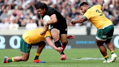 Australia's James Slipper and Taniela Tupou tackle New Zealand's Caleb Clarke. AFP