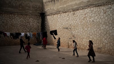 Idlib’s old central prison, transformed into a camp for refugees displaced by regime and Russian bombardment on the province in northern Syria, March 12, 2020. AP
