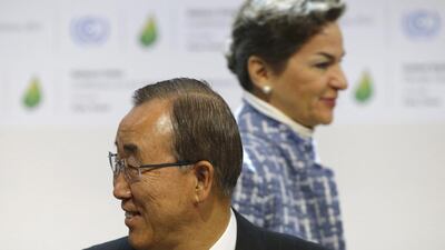 UN chief Ban Ki-moon and Christiana Figueres, executive secretary of the United Nations Framework Convention on Climate Change, are looking to secure a global agreement. Stephane Mahe / Reuters