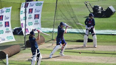England's Chris Woakes, Jason Roy and Joe Root practice their batting in the nets at Headingley. AFP