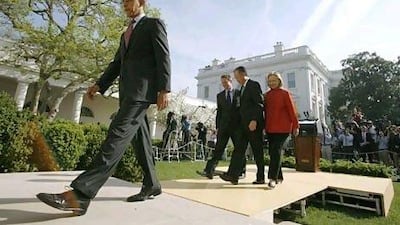 Barack Obama, the US president, walks off stage in Washington after introducing Jim Kim, second from right, as his nominee for the World Bank presidency. Jonathan Ernst / Reuters