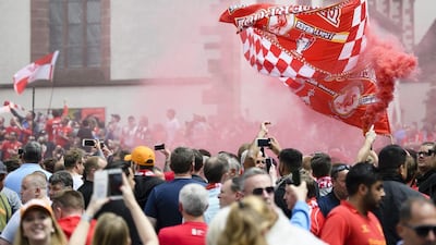 Liverpool fans gather at Barfuesser square in Basel ahead of the Europa League final at the St Jakob-Park stadium, in Basel, Switzerland. Manuel Lopez / EPA