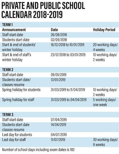The school term dates for the next academic year have been announced by the Ministry of Education.