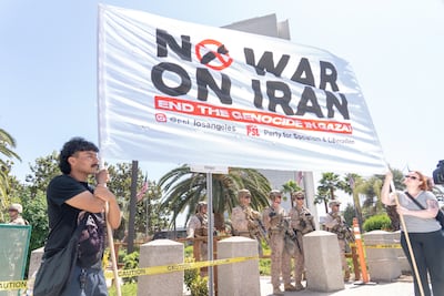 US Marines guard the Wilshire Federal Building in Los Angeles during an anti-war protest following US and Israel air attacks on Iran. EPA