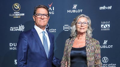 Former Real Madrid manager Fabio Capello with his wife Laura Ghisi at the red carpet during the Global Soccer Awards at the Madinat Jumeirah in Dubai on Thursday. Victor Besa / The National
