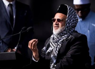 Mosque shooting survivor Farid Ahmed speaks at the memorial for the Christchurch mosque shootings in which his wife was killed. New Zealand Government via AP