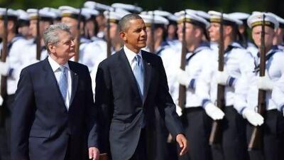 US president Barack Obama and German president Joachim Gauck review a guard of honour during a welcoming ceremony at Schloss Bellevue Presidential Palace in Berlin.