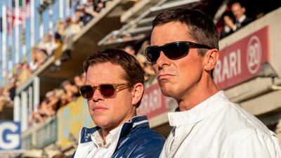 Christian Bale and Matt Damon in a scene from \Le Mans 66: Ford v Ferrari. AP
