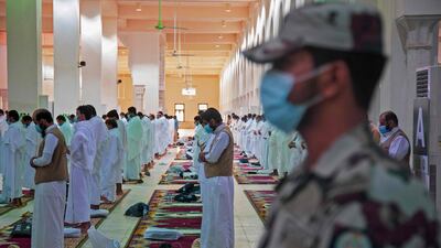 Muslim pilgrims attending prayers at the Nimrah mosque. AFP