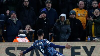 Arsenal defender Gabriel celebrates after scoring. AFP