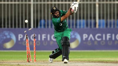 Fujairah's Chirag Suri is bowled by Sharjah's Kashif Daud