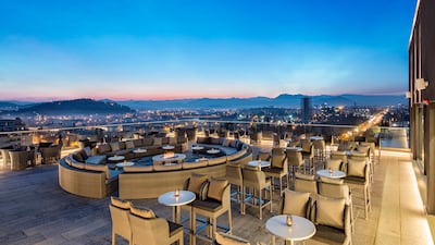 Rooftop views extend all the way to the mountains at Hilton Podgorica Crna Gora.