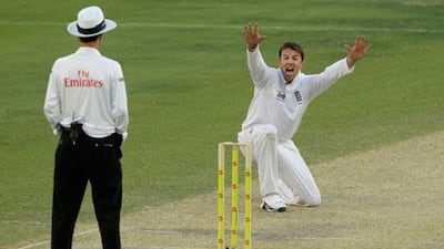 England spin bowler Graeme Swan, right, appeals to umpire Billy Bowden for the wicket of Pakistan captain Misbah-ul-Haq.