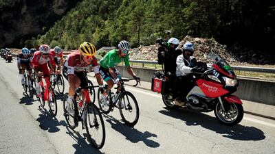 A breakaway group including Cofidis rider Anthony Perez, Toms Skujins of the Trek Segafredo team, and Bora-Hansgrohe's Peter Sagan during Stage 2. EPA