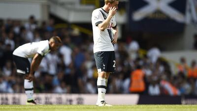 Tottenham's Christian Eriksen looks dejected after their Premier League loss to Southampton on Sunday. Dylan Martinez / Reuters / May 8, 2016