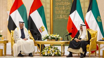 Sheikh Mohamed, left, attends a reception hosted by the Emir of Kuwait, Sheikh Meshal, at Bayan Palace. All Photos: UAE Presidential Court