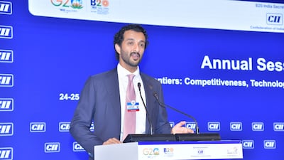 Abdulla bin Touq, the UAE’s Minister of Economy, centre, attends the annual Confederation of Indian Industry conference in New Delhi. Photo: Ministry of Economy