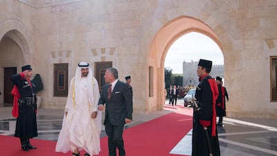Sheikh Mohamed bin Zayed and King Abdullah arrive at Al Husseiniya Palace. Essa Al Hammadi for the Ministry of Presidential Affairs