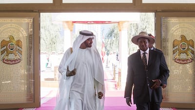 Sheikh Mohammed bin Zayed, Crown Prince of Abu Dhabi and Deputy Supreme Commander of the Armed Forces, receives Uganda president Yoweri Museveni at Al Mushrif Palace. Mohamed Al Hammadi / Crown Prince Court - Abu Dhabi