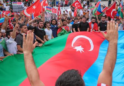 Ultra-nationalist Azerbaijani and Turkish people shouts slogans against Armenia in Istanbul last month. Azerbaijan and Armenia have been locked in conflict over Nagorno-Karabakh, a region of Azerbaijan currently under the control of forces backed by Armenia since a war there ended in 1994. EPA