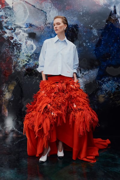 Matthieu Blazy's spring/summer 2026 collection mixed shirts made by Charvet with deeply feminine skirts. Photo: Chanel