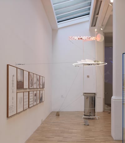 Installation view of 'I Want to be the Future' at the Whitechapel Gallery in London. Cao Fei and mono office have collaborated to present a prototype that will dispense objects and emotions related to the machine's imaginations of the future. Courtesy Brotherton-Lock