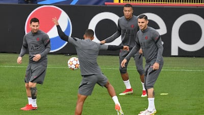 Kylian Mbappe , Lionel Messi and Mauro Icardi during training. AFP