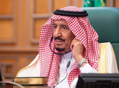 Saudi Arabia's King Salman taking part via a video conference in the G20 meeting in Riyadh. EPA