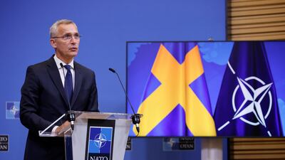 Nato Secretary General Jens Stoltenberg speaks during a news conference with Swedish Prime Minister Magdalena Andersson as the summit in Madrid, Spain, approaches. Reuters