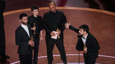 Basel Adra, left, and Yuval Abraham, right, won best documentary at the Oscars. AP