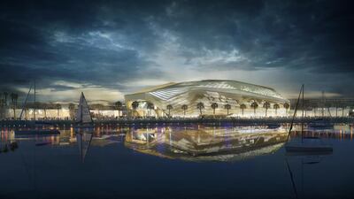 A rendering of Etihad Arena on Yas Bay, Yas Island, Abu Dhabi. Courtesy Miral
