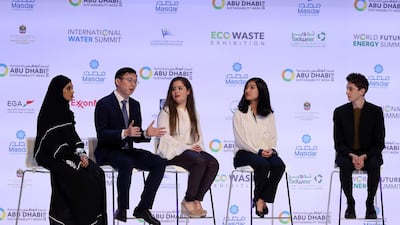 The Youth Panel speak at the Zayed Future Energy Prize awards ceremony as part of Abu Dhabi Sustainability Week. Chris Whiteoak / The National