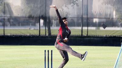 Jash Giyanani bowls during training at the ICC Academy in Dubai.
