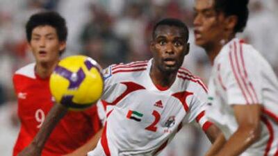 Abdulraheem Jumaa watches the ball during the 2010 FIFA World Cup qualifiers at Sheikh Mohammed bin Zayed Stadium.