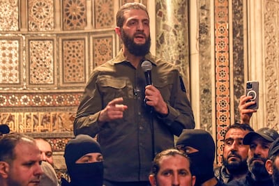 HTS leader Ahmad Al Shara speaks at Umayyad Mosque in Damascus after the militants had stormed the Syrian capital and overthrown the government. AP