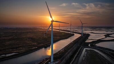 Wind power generators in Yancheng, China. New renewable energy projects in China, the EU and the US accounted for two thirds of installed capacity last year. EPA