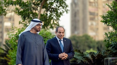 Sheikh Mohamed is received by Mr El Sisi. Photo: Hamad Al Kaabi / UAE Presidential Court