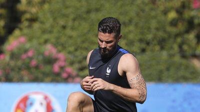 France’s Olivier Giroud attends a training session at the Centre Robert Louis Dreyfus, in Marseille, southern France, Wednesday, July 6, 2016. France will face Germany in a Euro 2016 semi-final match in Marseille on Thursday, July 7, 2016. Claude Paris / AP Photo
