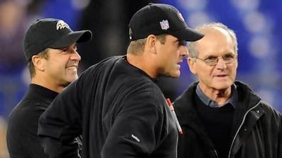 John Harbaugh, the Baltimore Ravens coach, left, could face his brother Jim's San Francisco 49ers at the Super Bowl if they are both triumphant.