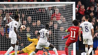Liverpool's Mohamed Salah scores his team's fifth goal against Toulouse at Anfield. AFP