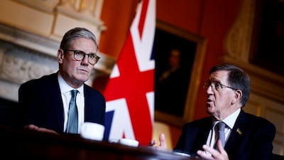 Britain's Prime Minister Keir Starmer with House of Lords member George Robertson. Shortly before entering government, Labour pledged to move swiftly on proscription. AP