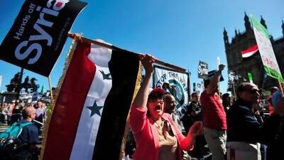 Protesters demonstrate against military intervention in Syria in central London.